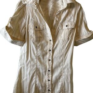Zara Top Womens Sz S Cream Gold Striped Button Up Deep VNeck Short Sleeve